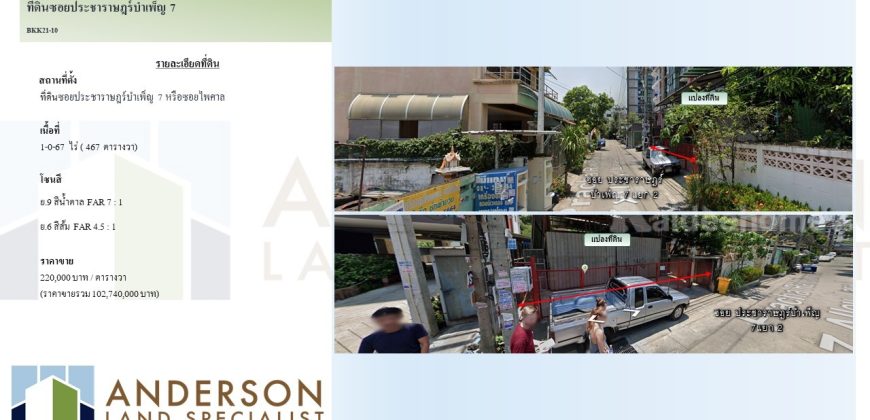 ขายที่ดินซอยประชาราษฎร์บำเพ็ญ 7 หรือซอยไพศาล เนื้อที่ 1-0-67 ไร่ (467 ตารางวา)