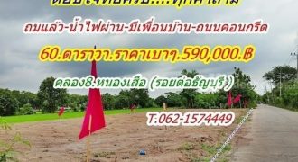 สบายใจในทุกเรื่อง ที่ดินแปลงเล็กถมแล้ว ราคาเบา น้ำไฟผ่าน มีเพื่อนบ้าน ที่คลอง8 หนองเสือ T.062-1574449