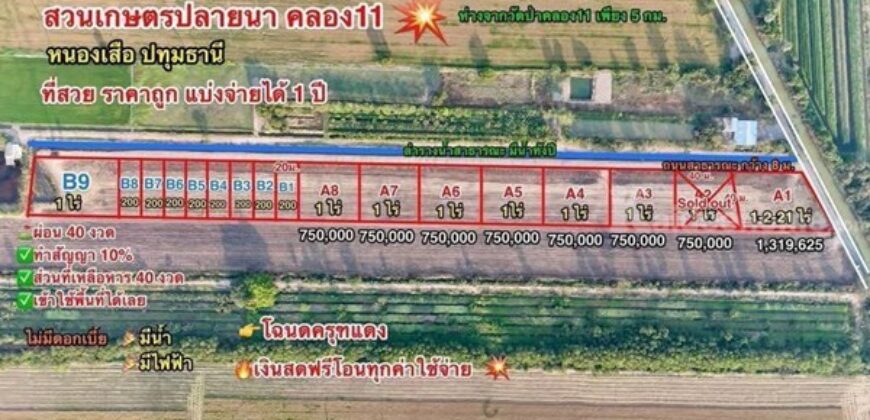 ที่ดินสวนเกษตร ปลายนาร่วมฤดี คลอง11 หนองเสือ สด ผ่อน- T.062-1574449