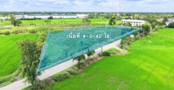 ที่ดินไทรน้อย 4-2-42 ไร่ ผังเมืองสีเขียว รูปแปลงถุงเงินเป็นมงคล หน้ากว้าง 144 เมตร เหมาะพัฒนาโครงการที่อยู่อาศัย โกดัง