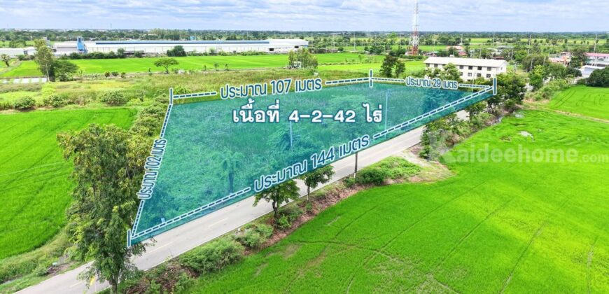 ที่ดินไทรน้อย 4-2-42 ไร่ ผังเมืองสีเขียว รูปแปลงถุงเงินเป็นมงคล หน้ากว้าง 144 เมตร เหมาะพัฒนาโครงการที่อยู่อาศัย โกดัง