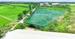 ที่ดินไทรน้อย 4-2-42 ไร่ ผังเมืองสีเขียว รูปแปลงถุงเงินเป็นมงคล หน้ากว้าง 144 เมตร เหมาะพัฒนาโครงการที่อยู่อาศัย โกดัง