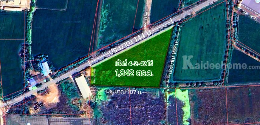ที่ดินไทรน้อย 4-2-42 ไร่ ผังเมืองสีเขียว รูปแปลงถุงเงินเป็นมงคล หน้ากว้าง 144 เมตร เหมาะพัฒนาโครงการที่อยู่อาศัย โกดัง