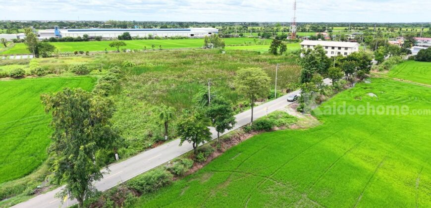 ที่ดินไทรน้อย 4-2-42 ไร่ ผังเมืองสีเขียว รูปแปลงถุงเงินเป็นมงคล หน้ากว้าง 144 เมตร เหมาะพัฒนาโครงการที่อยู่อาศัย โกดัง