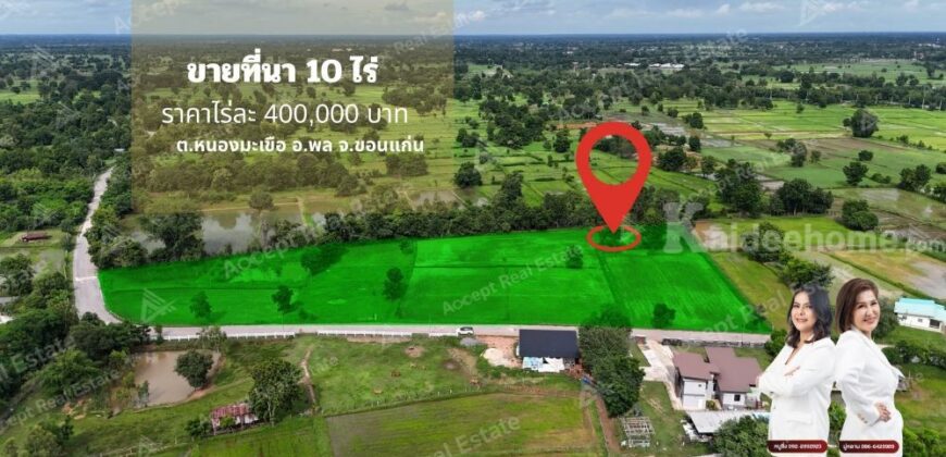ขายด่วนที่นาแปลงสวย ทำเลดี เมืองพล ขอนแก่น พื้นที่ 10 ไร่