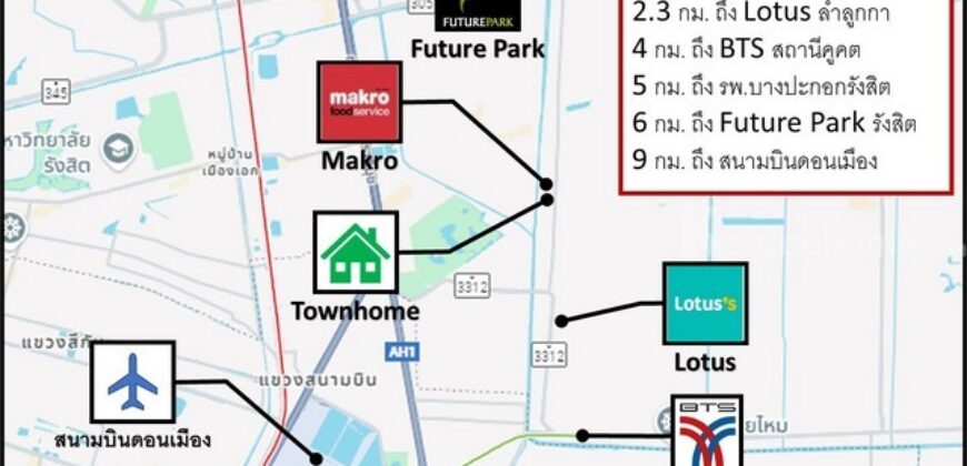 ขายทาวน์โฮม 3 ชั้น ใกล้ BTS คูคต 4 กม. หมู่บ้านธนพร ลำลูกกาคลอง 2 ติด Makro นาทองเจริญ