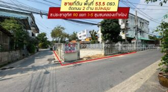 ขายที่ดิน ประชาอุทิศ90 แยก1-5 ซอยชุมชนคลองเก้าห้อง พื้นที่ 53.5 ตรว. ติดถนน 2 ด้าน แปลงมุม ขายเพียง 2.5 ล้านบาทเท่านั้น ใกล้ตลาดประชาอุทิศ90