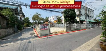 ขายที่ดิน ประชาอุทิศ90 แยก1-5 ซอยชุมชนคลองเก้าห้อง พื้นที่ 53.5 ตรว. ติดถนน 2 ด้าน แปลงมุม ขายเพียง 2.29 ล้านบาทเท่านั้น ใกล้ตลาดประชาอุทิศ90