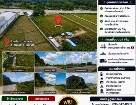 ขาย-ให้เช่าระยะยาว ที่ดินศักยภาพสูง ทำเลติดถนนสาย R3A เชียงราย–เชียงของ