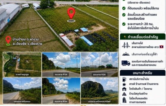 ขาย-ให้เช่าระยะยาว ที่ดินศักยภาพสูง ทำเลติดถนนสาย R3A เชียงราย–เชียงของ