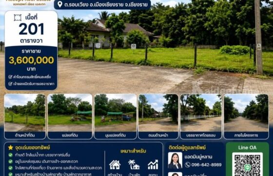 ที่ดินทำเลศักยภาพ ใกล้แม่น้ำกก พร้อมสร้างบ้าน อำเภอเมือง เชียงราย พื้นที่ 201 ตร.ว.