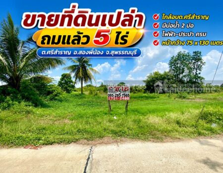 ขายที่ดินเปล่า ต.ศรีสำราญ อ.สองพี่น้อง จ.สุพรรณบุรี พื้นที่ 5 ไร่ ถมแล้ว ห่างจากถนนใหญ่เพียง 200 เมตร ใกล้อบต.ศรีสำราญ