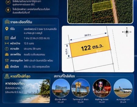 ขาย/เช่า ที่ดินเปล่า เขต EEC บางละมุง ชลบุรี ทำเลดี เนื้อที่ 1 งาน 22 ตร.วา โทร 085-9196101