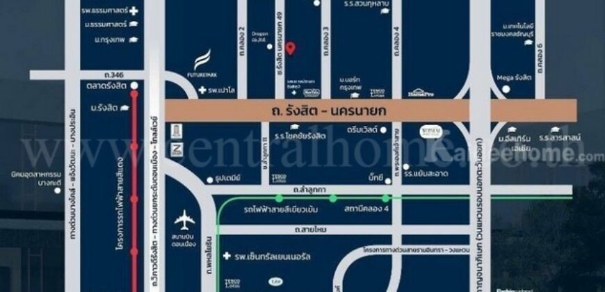 ที่ดิน 21-0-98 ไร่ ซอย รังสิต-นครนายก 49 ทำเลดีมาก รูปแปลงสี่เหลี่ยม หน้ากว้าง 424 เมตร